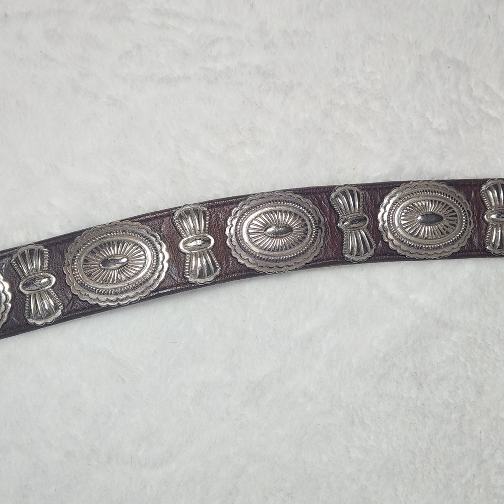Vintage Brown Leather Concho Belt Silver Sunburst Heart Tip Solid Brass Buckle